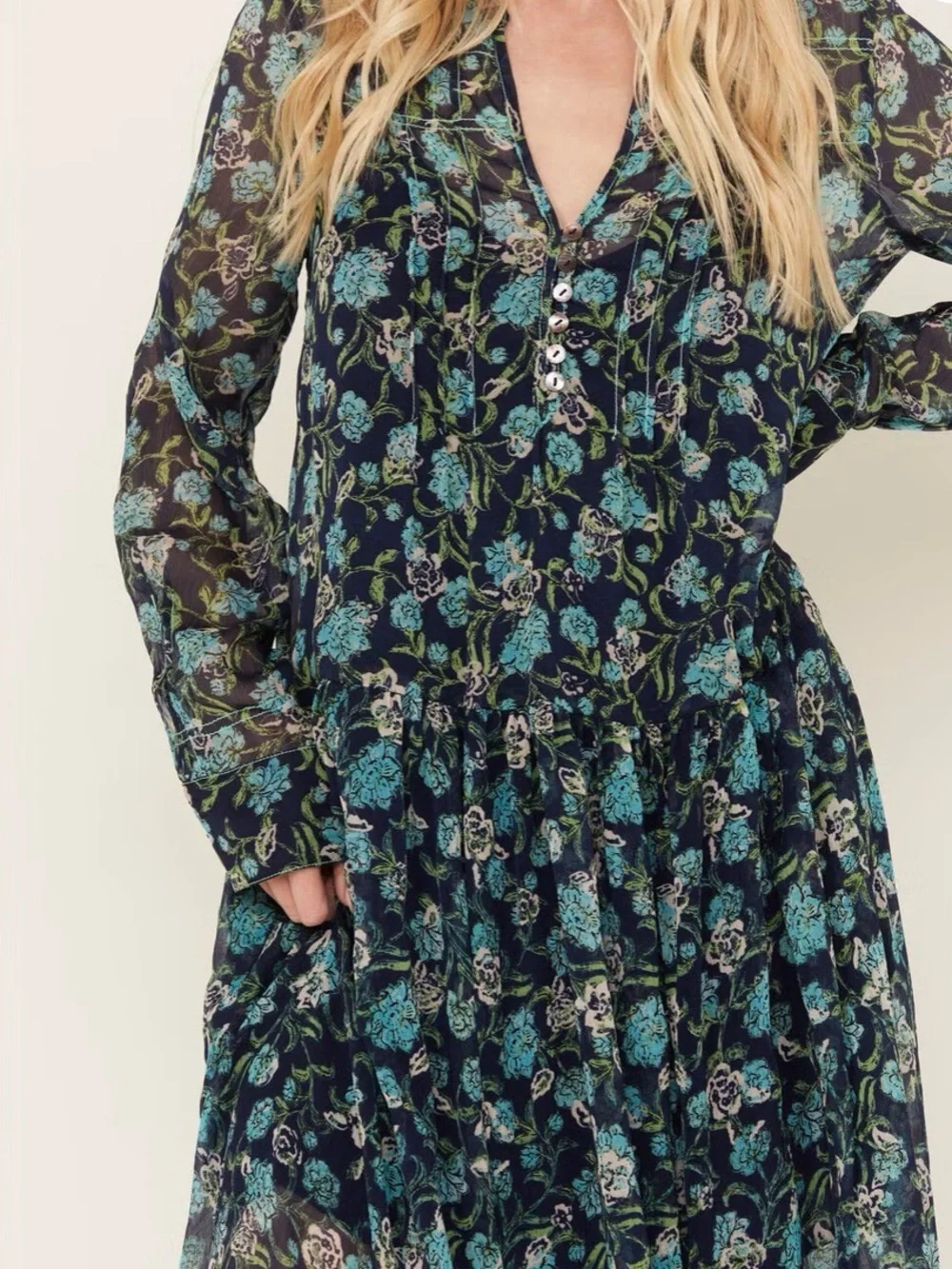 NWT Free People See it Through Black Floral Chiffon Lined (2pc)Maxi Dress Size M